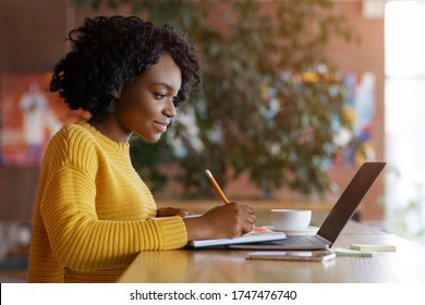 Young black lady taking notes in front of laptop, looking for job online at cafe, empty space