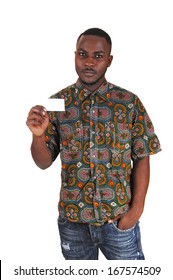 A Young Black Man In A Colorful Shirt And Jeans Holding A White Business Card In His Hand For White Background. 