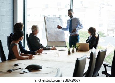 Young black man doing leadership presentation on innovation at business shareholder meeting in office. Diverse work colleague group talking about company mission and vision development strategy. - Shutterstock ID 2188929689