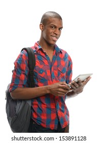 Young Black Student With Electronic Tablet Isolated On A White Background