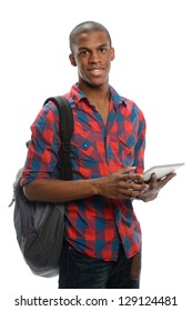 Young Black Student Holding An Electronic Tablet Isolated On A White Background