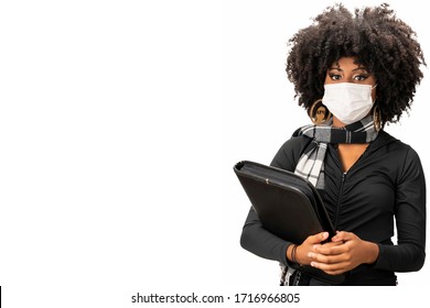 Young Black Student Wears Face Mask Protection Against Covid-19 Coronavirus Isolated On White Background