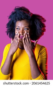 Young Black Woman Bashful And Embarassed Giggling Isolated Background