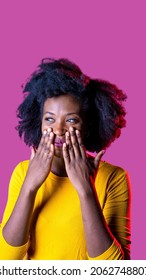 Young Black Woman Bashful And Embarassed Giggling Isolated Advertising Copyspace Background