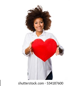 Young Black Woman Holding A Red Heart Shape