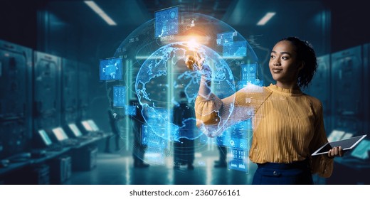 Young black woman operating holographic screen and global communication network concept. Wide angle visual for banners or advertisements. - Powered by Shutterstock