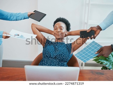 Young Black woman relaxes in her office while coworkers make demands