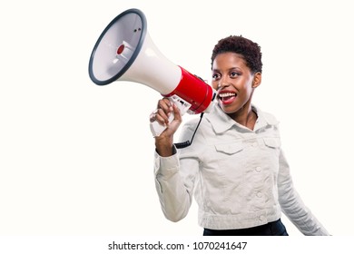 Young Black Woman Shouting On The Megaphone