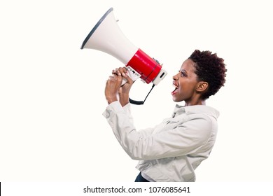 Young Black Woman Shouting On The Megaphone