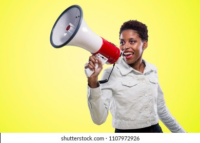 Young Black Woman Shouting On The Megaphone