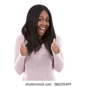 young black woman wearing light swether on white background