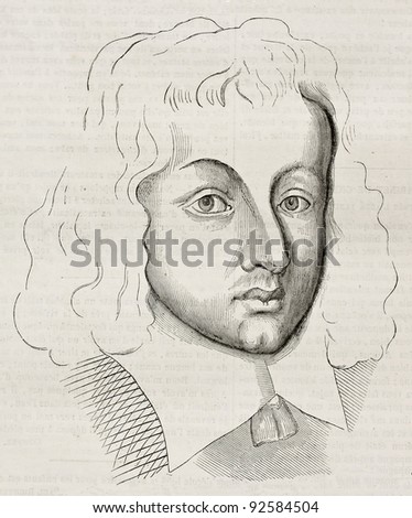 Young Blaise Pascal (age 25) old engraved portrait. Created by Domat, published on Magasin Pittoresque, Paris, 1845