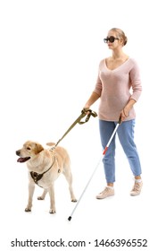 Young Blind Woman With Guide Dog On White Background