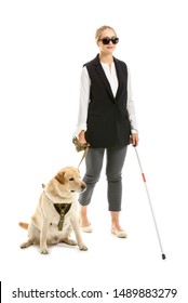 Young Blind Woman With Guide Dog On White Background