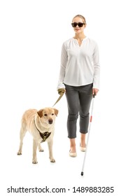 Young Blind Woman With Guide Dog On White Background