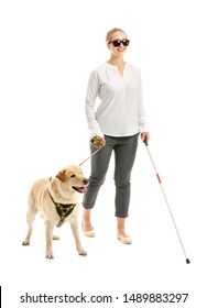 Young Blind Woman With Guide Dog On White Background