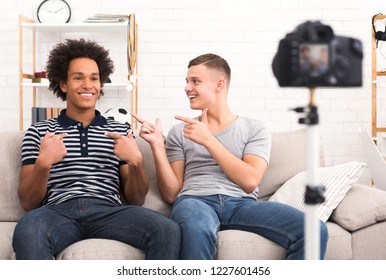 Young Bloggers. Diverse Friends Introducing Each Other To Their Viewers While Recording Video At Home