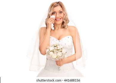 Young Blond Bride Crying Out Of Joy And Looking At The Camera Isolated On White Background