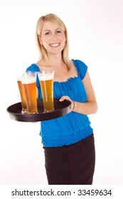 Young Blond Cocktail Waitress Serving Beer