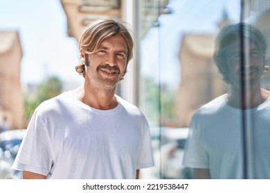 Young Blond Man Smiling Confident Standing At Street