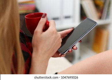 young blond pretty woman drinking coffe and look at laptop in morning sit on sofa