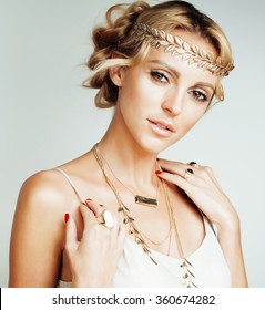 Young Blond Woman Dressed Like Ancient Greek Godess, Gold Jewelry Close Up Isolated