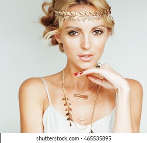 Young Blond Woman Dressed Like Ancient Greek Godess, Gold Jewelry Close Up Isolated