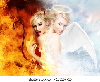 Young blond woman as half devil half angel