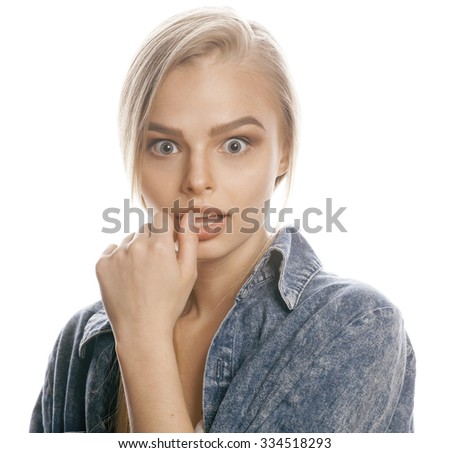 young blond woman on white backgroung gesture thumbs up, isolated hipster emotional