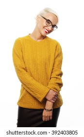 Young Blond Woman Wearing Yellow Sweater