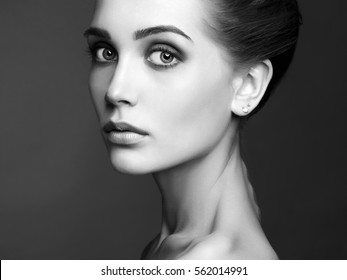 Young blond woman.Beautiful blonde Girl.close-up fashion black and white portrait