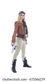 Young Blonde Adventure  Woman In A Steampunk Outfit, Action Hero Pose. Isolated On White Background.