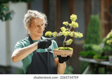 Young blonde man pruring bonsai at backyard garden - Powered by Shutterstock