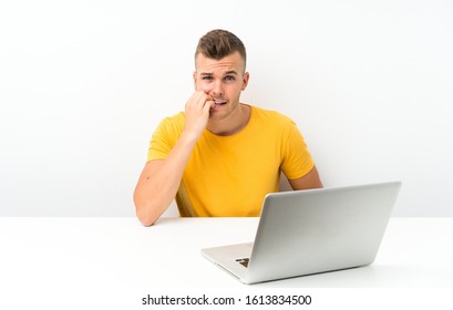 Young Blonde Man In A Table With A Laptop Nervous And Scared