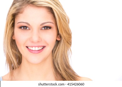 Young Blonde Smiling Woman Portrait With Perfect Teeth Isolated On White