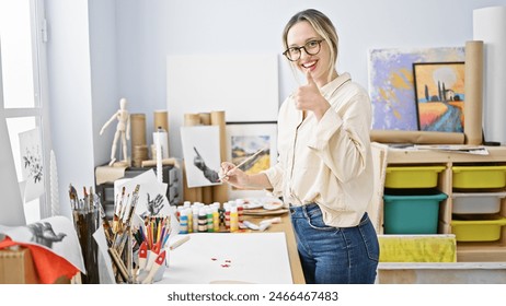 Young blonde woman artist drawing on paper doing thumb up gesture at art studio - Powered by Shutterstock