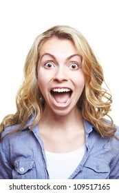 Young Blonde Woman With Curly Hair Screaming With Mouth Wide Open