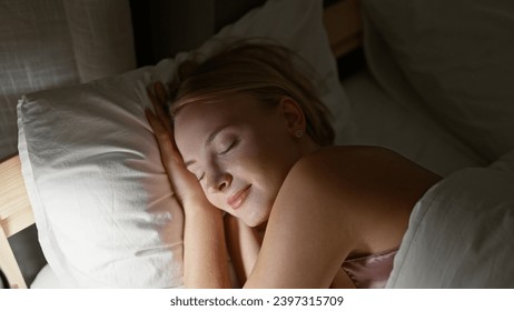 Young blonde woman lying on bed sleeping at bedroom - Powered by Shutterstock