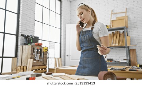 A young blonde woman multitasks in a workshop, talking on the phone while holding a pencil, surrounded by woodworking tools. - Powered by Shutterstock