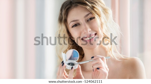 Young Blonde Woman Showing Makeup Cosmetic Stock Photo Edit Now