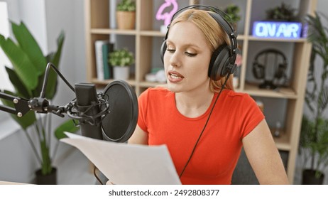 A young blonde woman wearing headphones speaks into a microphone in a radio studio setup, reflecting her role as a presenter or audio talent. - Powered by Shutterstock