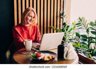 Young Blonde Woman Wearing Red Casual Sweater In Cafe Working On The Laptop Computer And Drinking Coffe