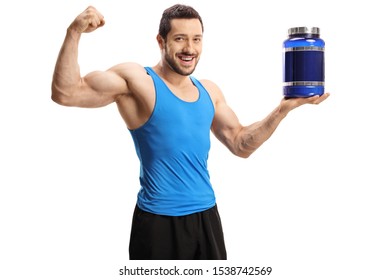 Young bodybuilder holding a pack of protein powder and flexing bicep muscle isolated on white background - Powered by Shutterstock