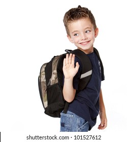 Young Boy With Backback Waving Goodbye