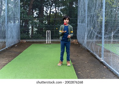 Young boy bouncing cricket ball. South Asian look child playing with red cricket ball on cricket pitch under nets.