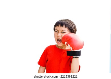 Young Boy Boxer Practicing Punches With Red Boxing Gloves.fight Sport In Gym.Workout Exercise With Boxing.Asian Kid Child Punches His Face With Angry Emotion.fighter Kid.self Harm In Kid.Japanese Kid.