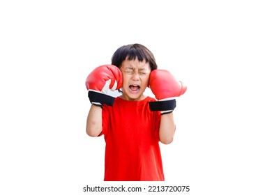 Young Boy Boxer Screaming Angry With Red Boxing Gloves.self Centered Boy.Workout Exercise With Boxing.Asian Kid Child Punches His Face With Angry Emotion.fighter Kid.self Harm In Kid.tantrum Kid.adhd.