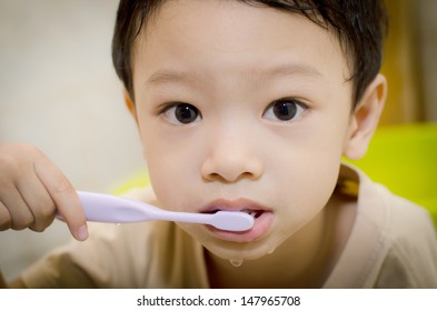 Young Boy Brushing His Teeth; 3 Years Old