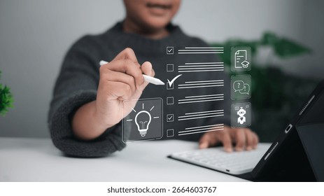 Young boy checking off a task on a digital checklist using a stylus pen on tablet, with icons like lightbulb, document, and chatbot, symbolizing task management, creativity, and education.