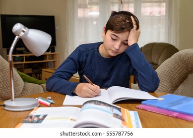 Young boy doing homework for school